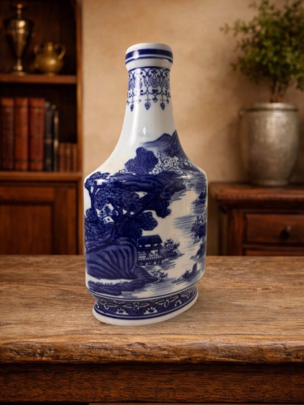 Blue & White Porcelain Chinoiserie Bottle Signed With Scenic Asian Landscape Des